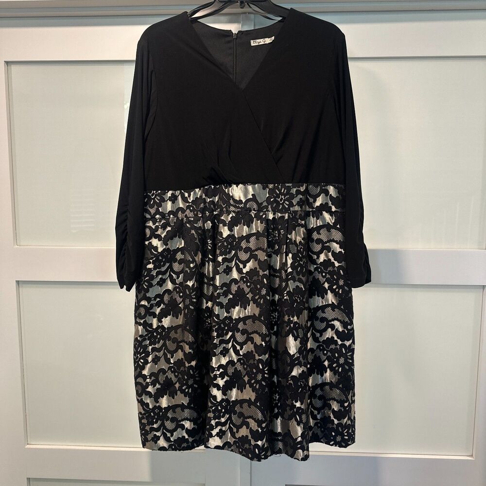 Metallic Silver Black Lace Surplice Fit & Flare Jacquard Party Dress 18W